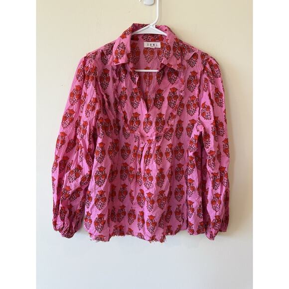 THML Top Women’s Medium Pink Red V-Neck Embroidered Puff Sleeve Floral - Picture 1 of 11